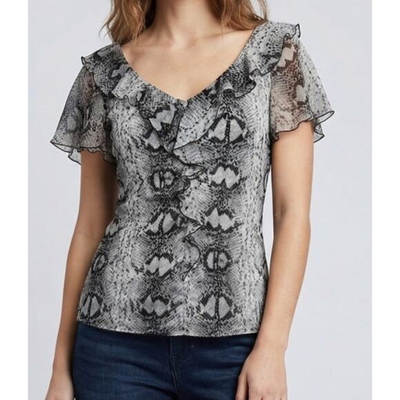 WHBM White House Black Market Small Black Flutter Short Sleeve Top - Picture 2 of 11